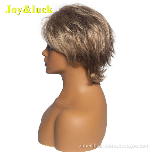 Women's Wholesale Prices Ladies Hair Wig With Bangs Blond Party Free Part Blonde Natural Straight Pixie Cut Short Synthetic Wigs